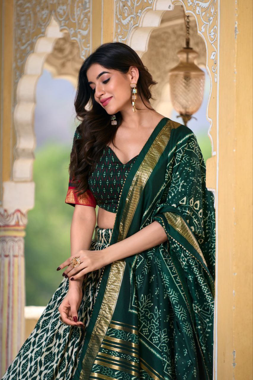 White Tussar Silk Lehenga Choli with Bottle Green Blouse | Patola Print & Foil Work | Wedding & Festive Wear