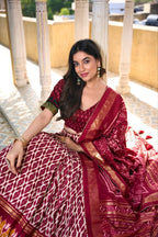 Full Maroon Tussar Silk Lehenga Choli with White Blouse | Patola Print & Foil Work | Wedding & Festive Wear