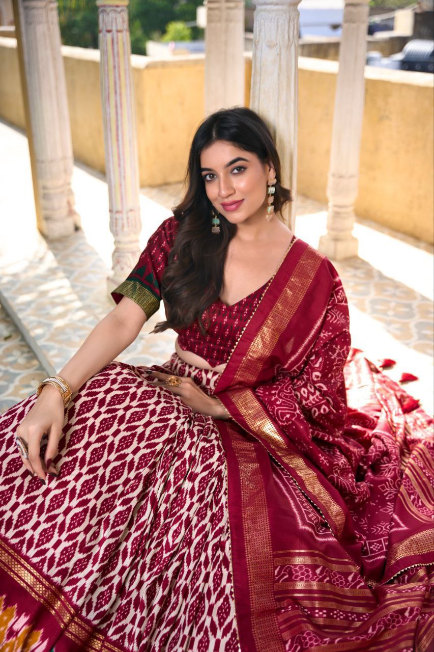 Full Maroon Tussar Silk Lehenga Choli with White Blouse | Patola Print & Foil Work | Wedding & Festive Wear