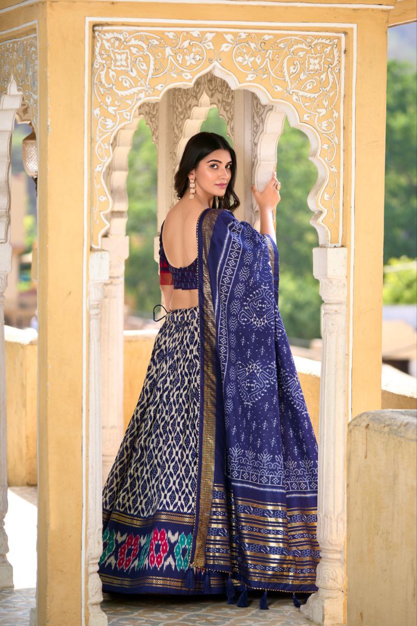 Full Royal Blue Tussar Silk Lehenga Choli with Matching Royal Blue Blouse | Patola Print & Foil Work | Wedding & Festive Wear