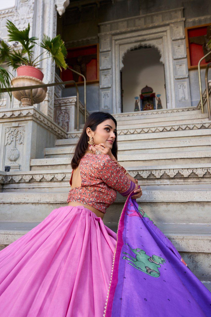 Sky Blue Tussar Silk Lehenga Choli with Baby Pink Blouse | Kalamkari & Foil Work | Wedding & Festive Wear
