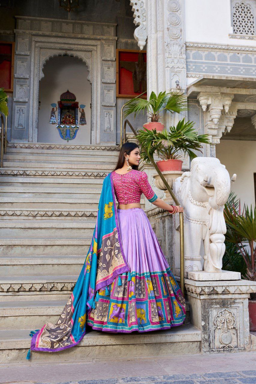 Sky Blue Tussar Silk Lehenga Choli with Baby Pink Blouse | Kalamkari & Foil Work | Wedding & Festive Wear