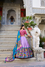 Sky Blue Tussar Silk Lehenga Choli with Baby Pink Blouse | Kalamkari & Foil Work | Wedding & Festive Wear