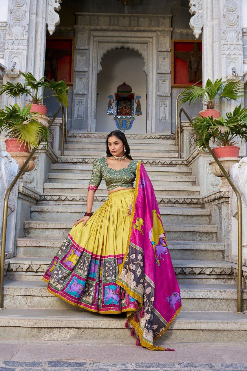Grey Tussar Silk Lehenga Choli with Pink Blouse | Kalamkari & Foil Work | Wedding & Festive Wear