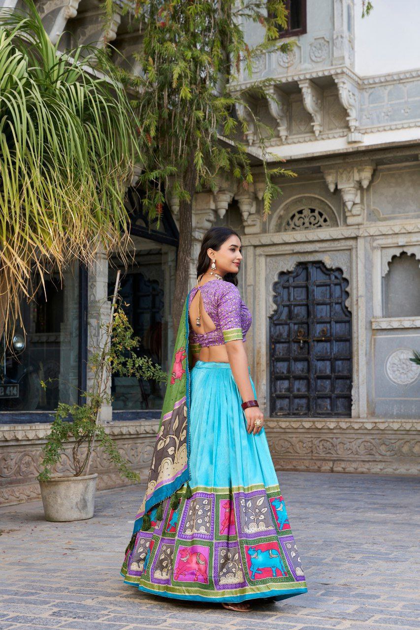 Sky Blue Tussar Silk Lehenga Choli with Purple Blouse | Kalamkari & Foil Work | Wedding & Festive Wear