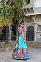 Sky Blue Tussar Silk Lehenga Choli with Purple Blouse | Kalamkari & Foil Work | Wedding & Festive Wear