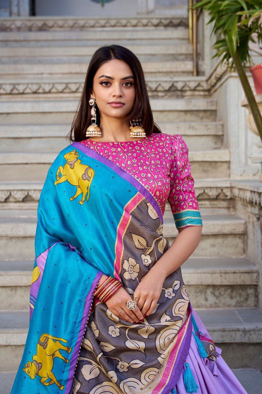 Sky Blue Tussar Silk Lehenga Choli with Baby Pink Blouse | Kalamkari & Foil Work | Wedding & Festive Wear