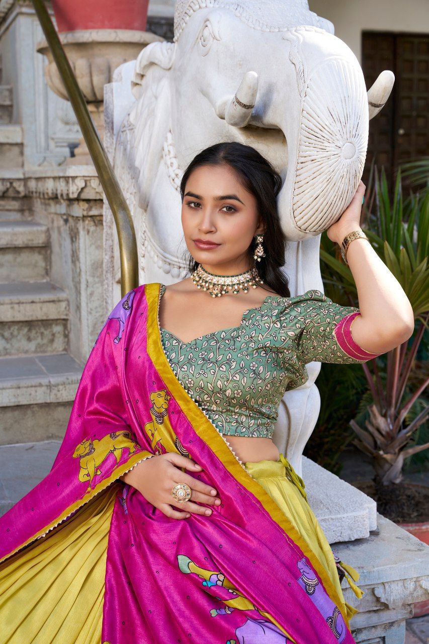 Grey Tussar Silk Lehenga Choli with Pink Blouse | Kalamkari & Foil Work | Wedding & Festive Wear