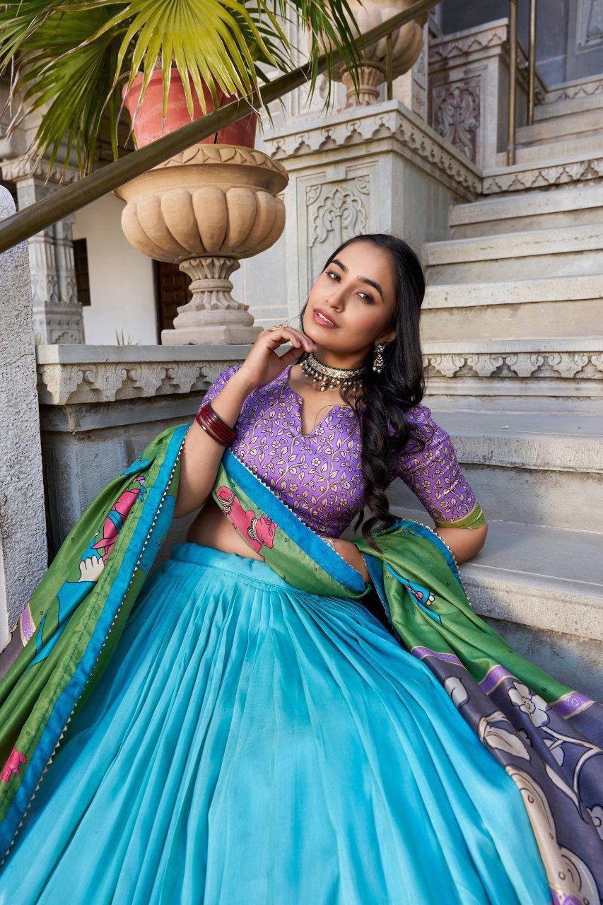 Sky Blue Tussar Silk Lehenga Choli with Purple Blouse | Kalamkari & Foil Work | Wedding & Festive Wear