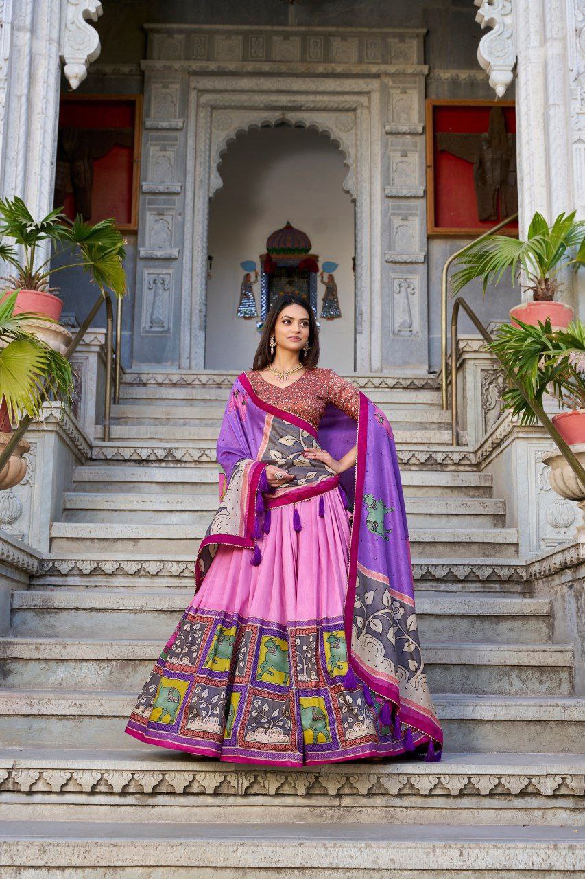 Purple Tussar Silk Lehenga Choli with Baby Pink Blouse | Kalamkari & Foil Work | Wedding & Festive Wear