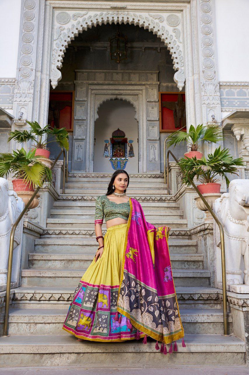 Grey Tussar Silk Lehenga Choli with Pink Blouse | Kalamkari & Foil Work | Wedding & Festive Wear