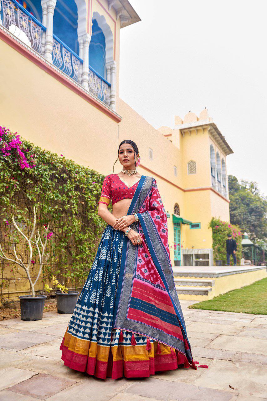 Royal Blue Dola Silk Lehenga Choli with Red Blouse | Patola Print & Foil Work | Wedding & Festive Wear