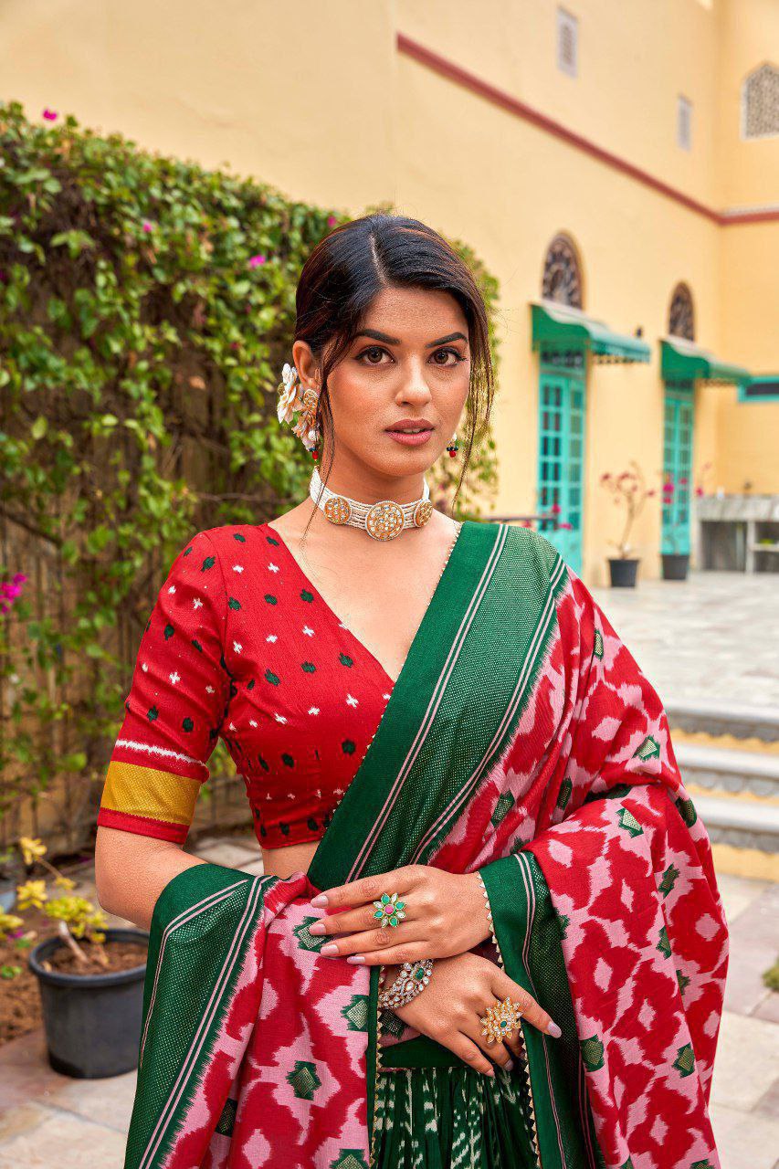 Green Dola Silk Lehenga Choli with Red Blouse | Patola Print & Foil Work | Wedding & Festive Wear