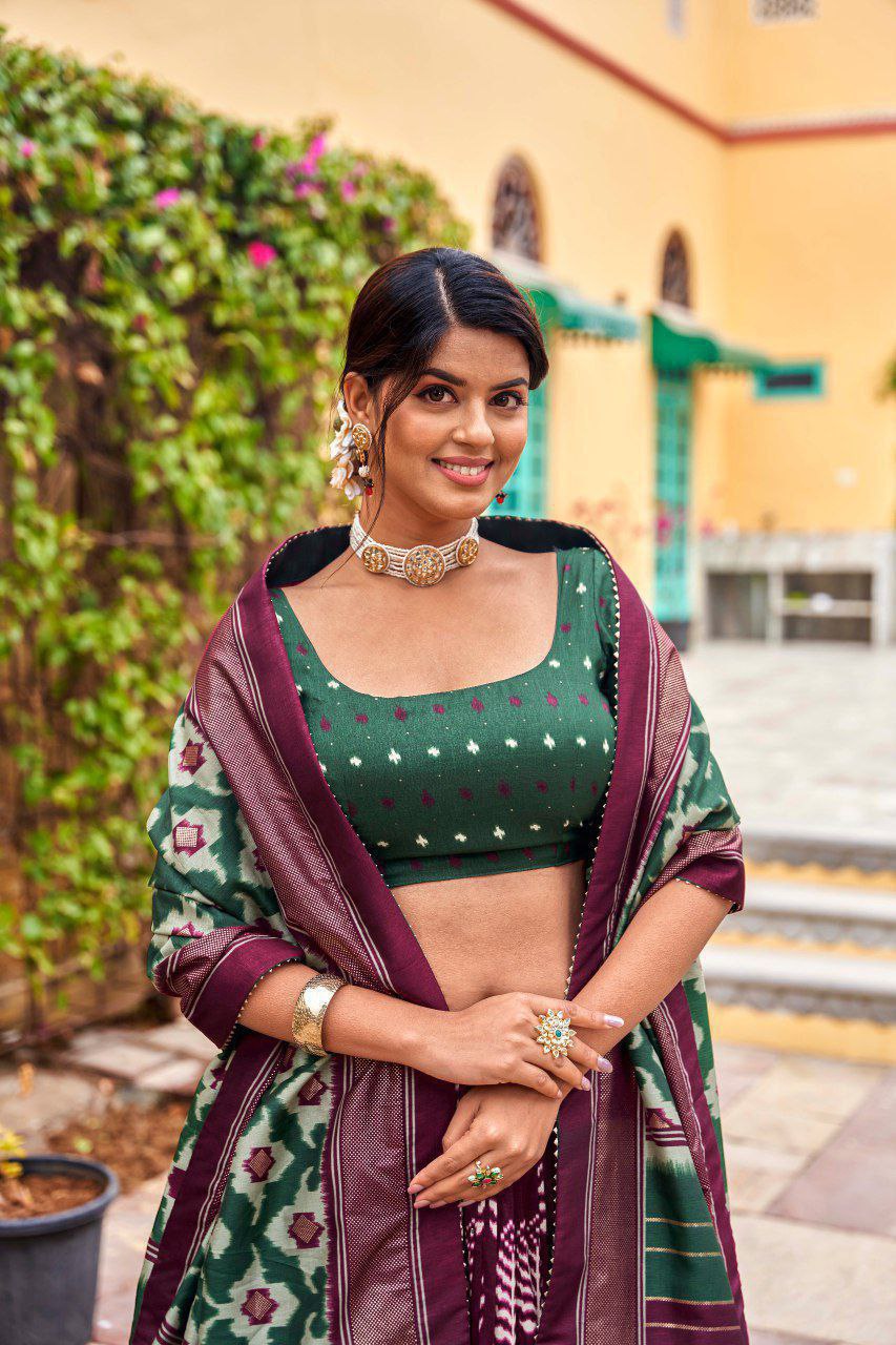 Dark Green Dola Silk Lehenga Choli with Maroon Blouse | Patola Print & Foil Work | Wedding & Festive Wear