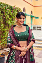 Dark Green Dola Silk Lehenga Choli with Maroon Blouse | Patola Print & Foil Work | Wedding & Festive Wear