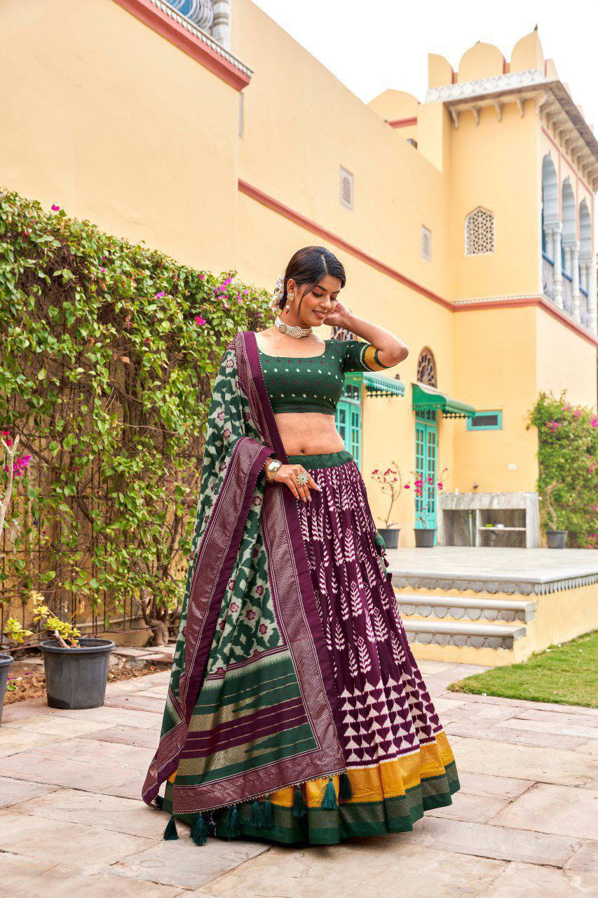 Dark Green Dola Silk Lehenga Choli with Maroon Blouse | Patola Print & Foil Work | Wedding & Festive Wear