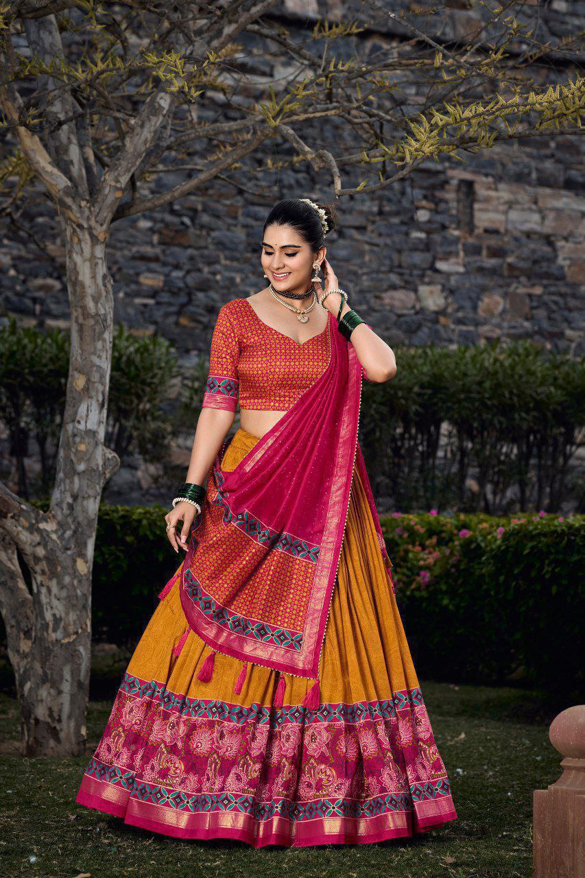 Red Tussar Silk Lehenga Choli with Yellow Blouse | Floral & Foil Print | Wedding & Festive Wear