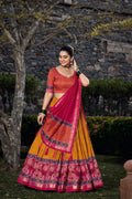 Red Tussar Silk Lehenga Choli with Yellow Blouse | Floral & Foil Print | Wedding & Festive Wear