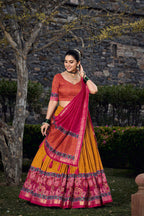 Red Tussar Silk Lehenga Choli with Yellow Blouse | Floral & Foil Print | Wedding & Festive Wear