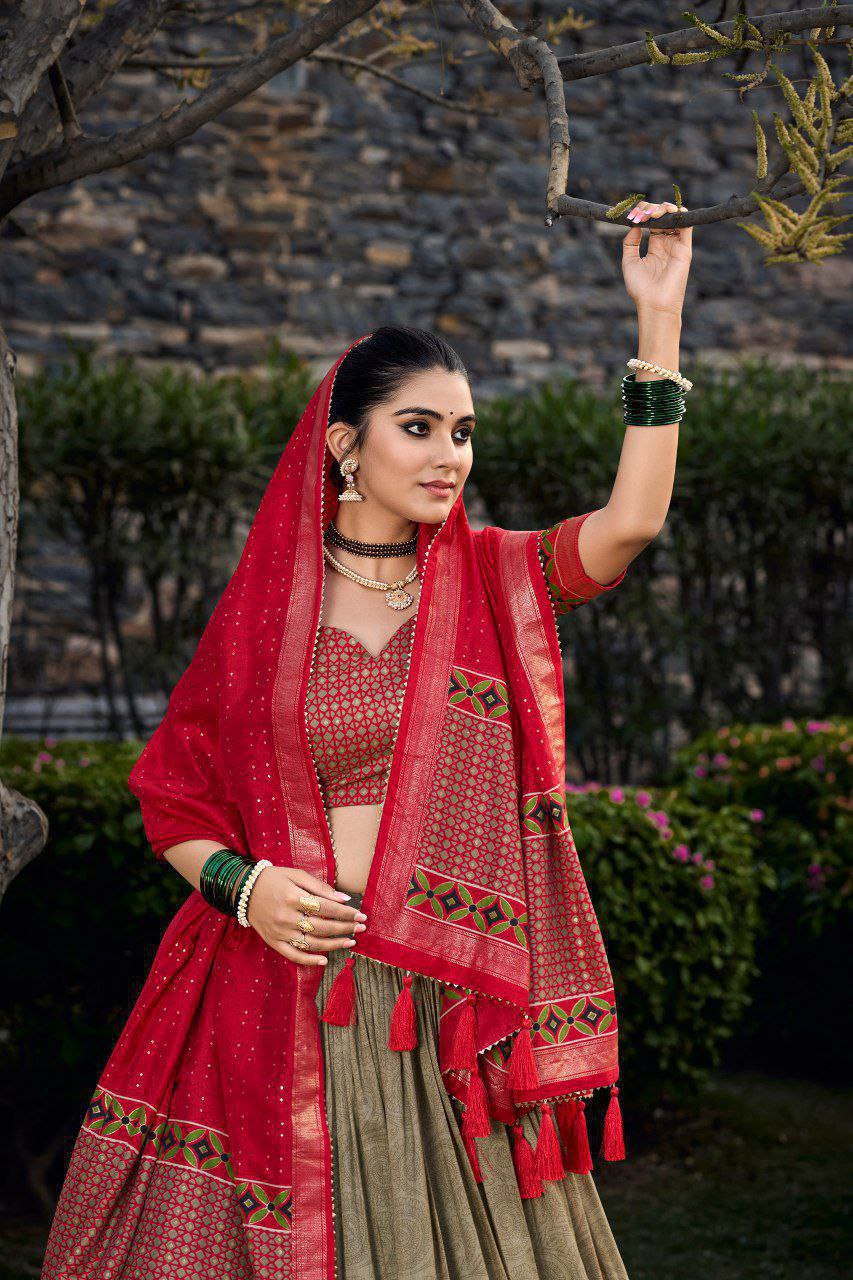 Green Tussar Silk Lehenga Choli with Red Blouse | Floral & Foil Print | Wedding & Festive Wear