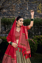 Green Tussar Silk Lehenga Choli with Red Blouse | Floral & Foil Print | Wedding & Festive Wear