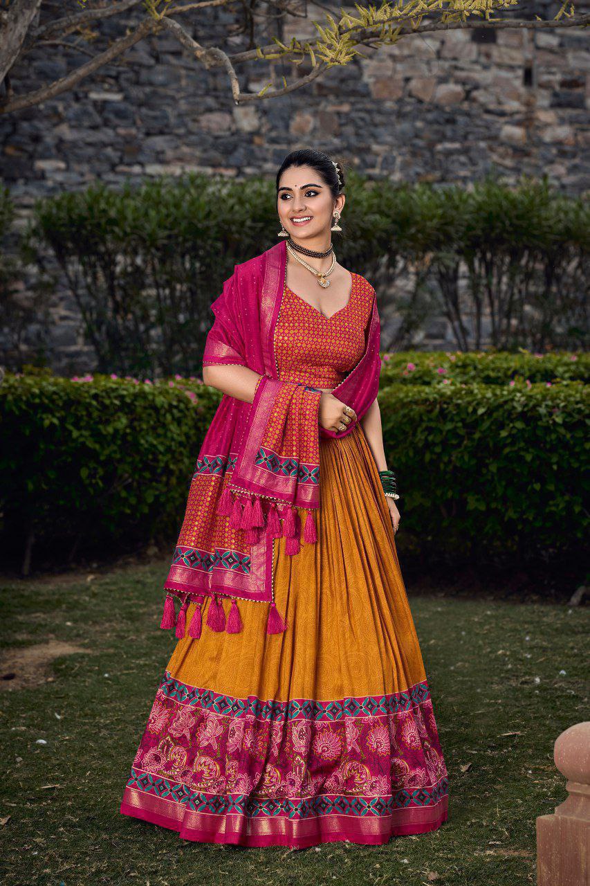 Red Tussar Silk Lehenga Choli with Yellow Blouse | Floral & Foil Print | Wedding & Festive Wear