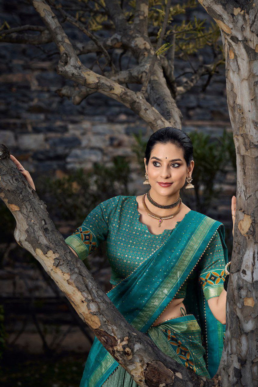 Sea Green Tussar Silk Lehenga Choli with Sea Green Blouse | Floral & Foil Print | Wedding & Festive Wear