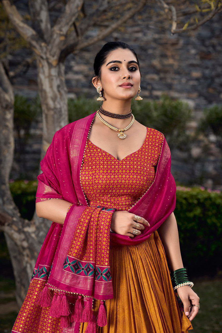 Red Tussar Silk Lehenga Choli with Yellow Blouse | Floral & Foil Print | Wedding & Festive Wear