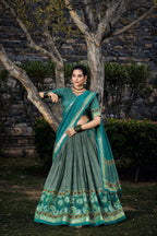 Sea Green Tussar Silk Lehenga Choli with Sea Green Blouse | Floral & Foil Print | Wedding & Festive Wear