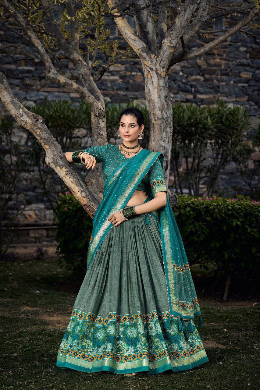 Sea Green Tussar Silk Lehenga Choli with Sea Green Blouse | Floral & Foil Print | Wedding & Festive Wear
