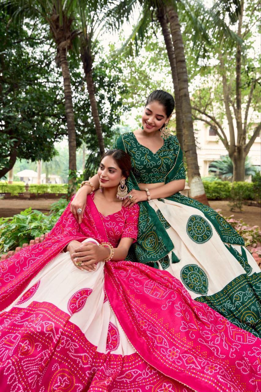 White Dola Silk Lehenga Choli with Pink Blouse | Bandhej & Patola Print | Wedding & Festive Wear