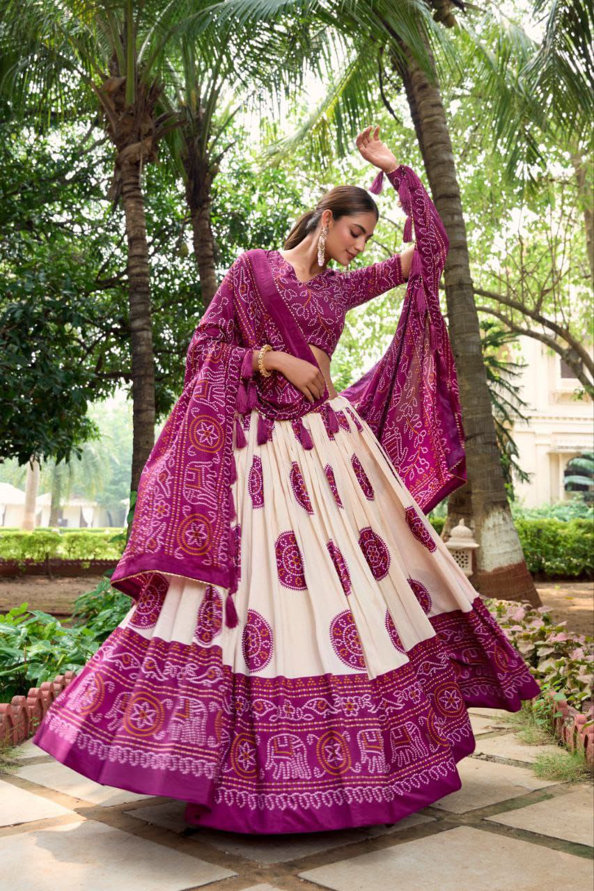 White Dola Silk Lehenga Choli with Purple Blouse & Dupatta | Bandhej & Patola Print | Wedding & Festive Wear