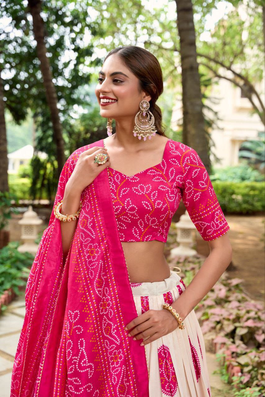 White Dola Silk Lehenga Choli with Pink Blouse | Bandhej & Patola Print | Wedding & Festive Wear
