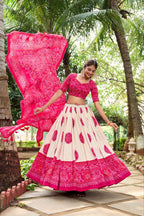 White Dola Silk Lehenga Choli with Pink Blouse | Bandhej & Patola Print | Wedding & Festive Wear