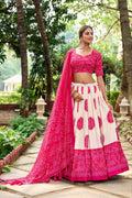 White Dola Silk Lehenga Choli with Pink Blouse | Bandhej & Patola Print | Wedding & Festive Wear