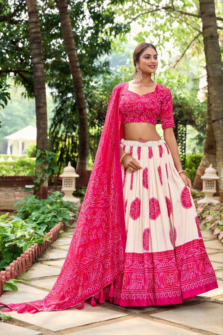 White Dola Silk Lehenga Choli with Pink Blouse | Bandhej & Patola Print | Wedding & Festive Wear