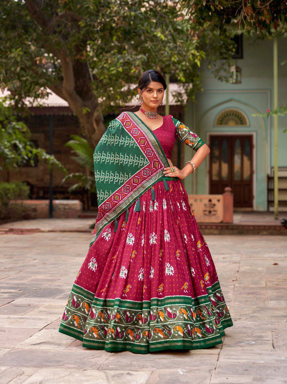 Maroon Tussar Silk Lehenga Choli with Green Blouse | Patola Print & Foil Work | Wedding & Festive Wear