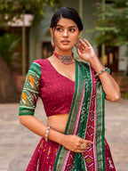 Maroon Tussar Silk Lehenga Choli with Green Blouse | Patola Print & Foil Work | Wedding & Festive Wear