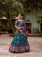 Maroon Tussar Silk Lehenga Choli with Bottle Green Blouse | Patola Print & Foil Work | Wedding & Festive Wear