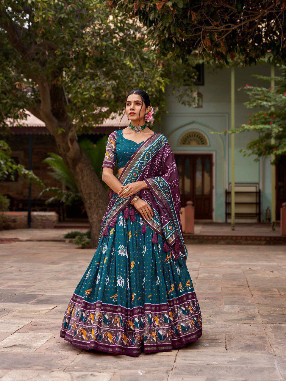 Maroon Tussar Silk Lehenga Choli with Bottle Green Blouse | Patola Print & Foil Work | Wedding & Festive Wear
