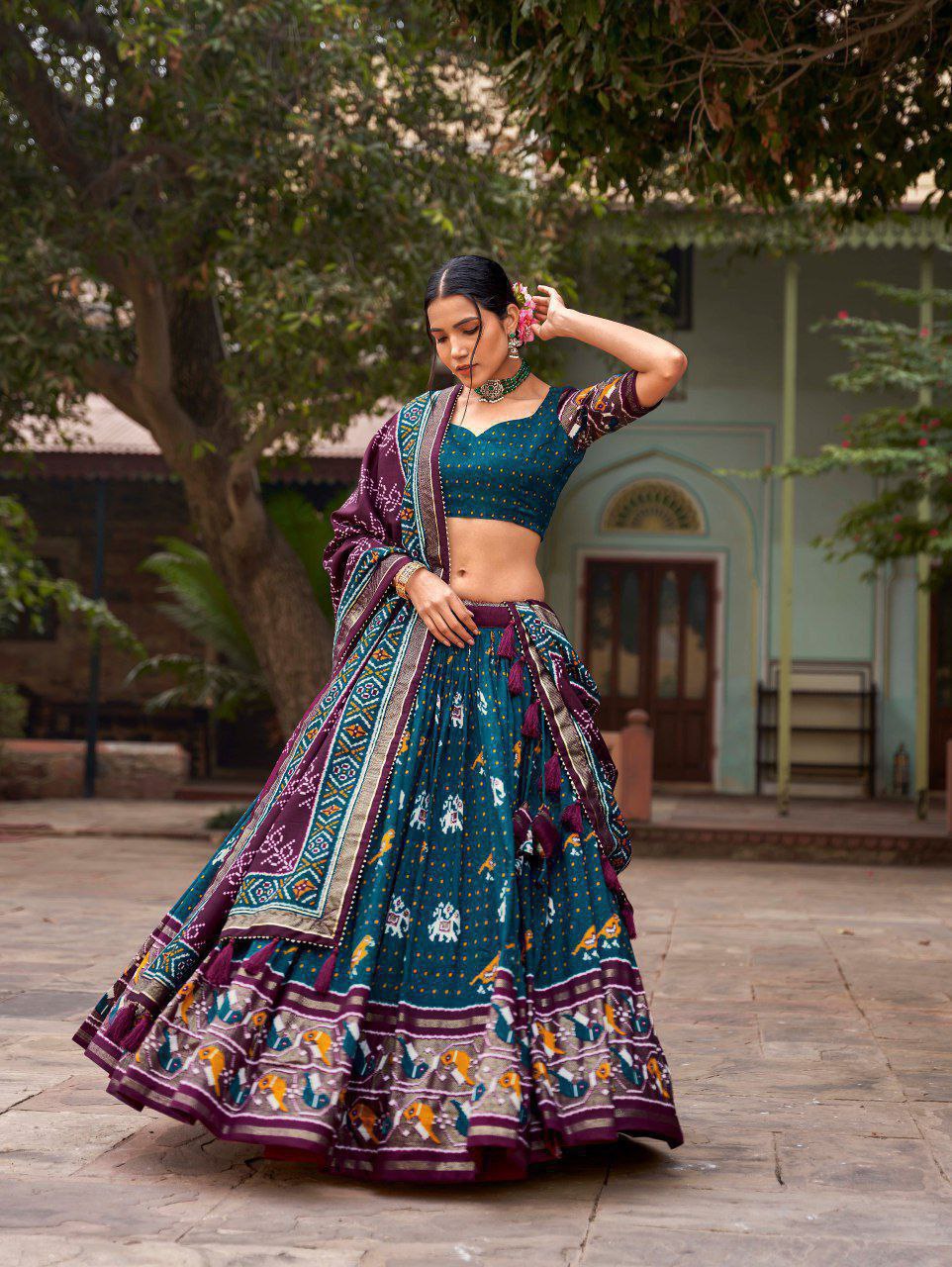Maroon Tussar Silk Lehenga Choli with Bottle Green Blouse | Patola Print & Foil Work | Wedding & Festive Wear
