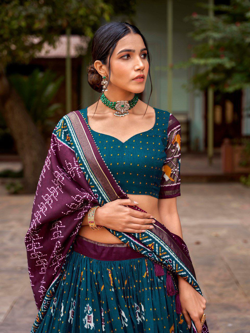 Maroon Tussar Silk Lehenga Choli with Bottle Green Blouse | Patola Print & Foil Work | Wedding & Festive Wear