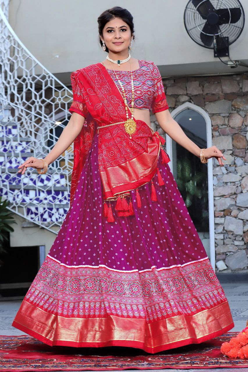 Purple Tussar Silk Lehenga Choli with Red Blouse | Patola Print & Foil Work | Wedding & Festive Wear
