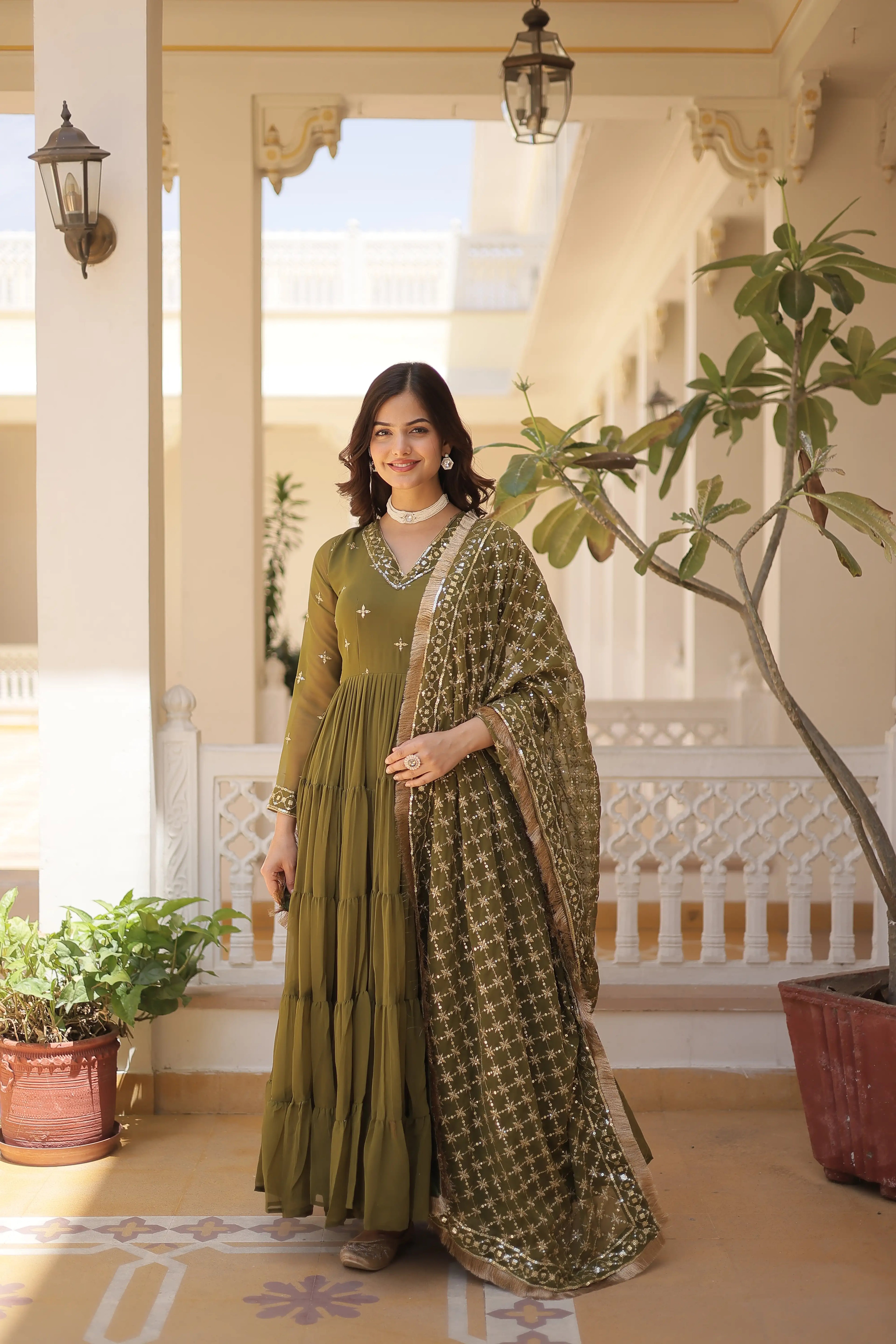 Mehandi Designer Faux Georgette Gown with Sequined Dupatta – Elegant Festive & Party Wear Set