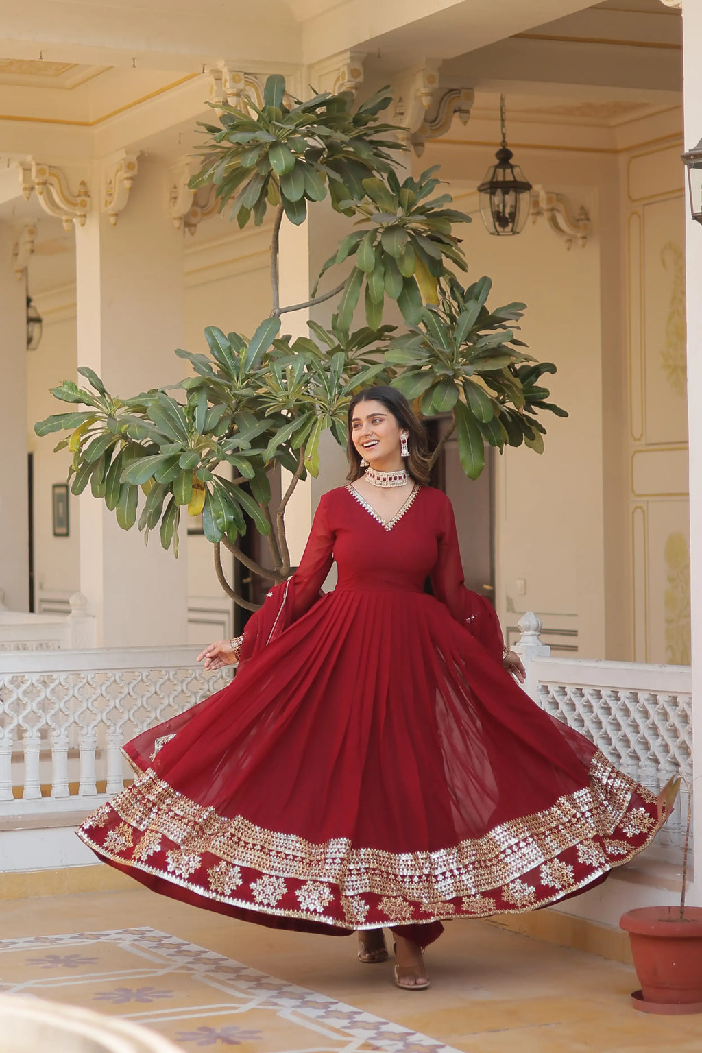 Maroon Faux Blooming Gown with Sequined Dupatta – Elegant Fully Flared Party & Wedding Set