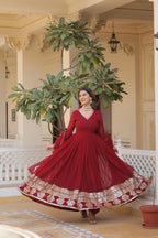 Maroon Faux Blooming Gown with Sequined Dupatta – Elegant Fully Flared Party & Wedding Set