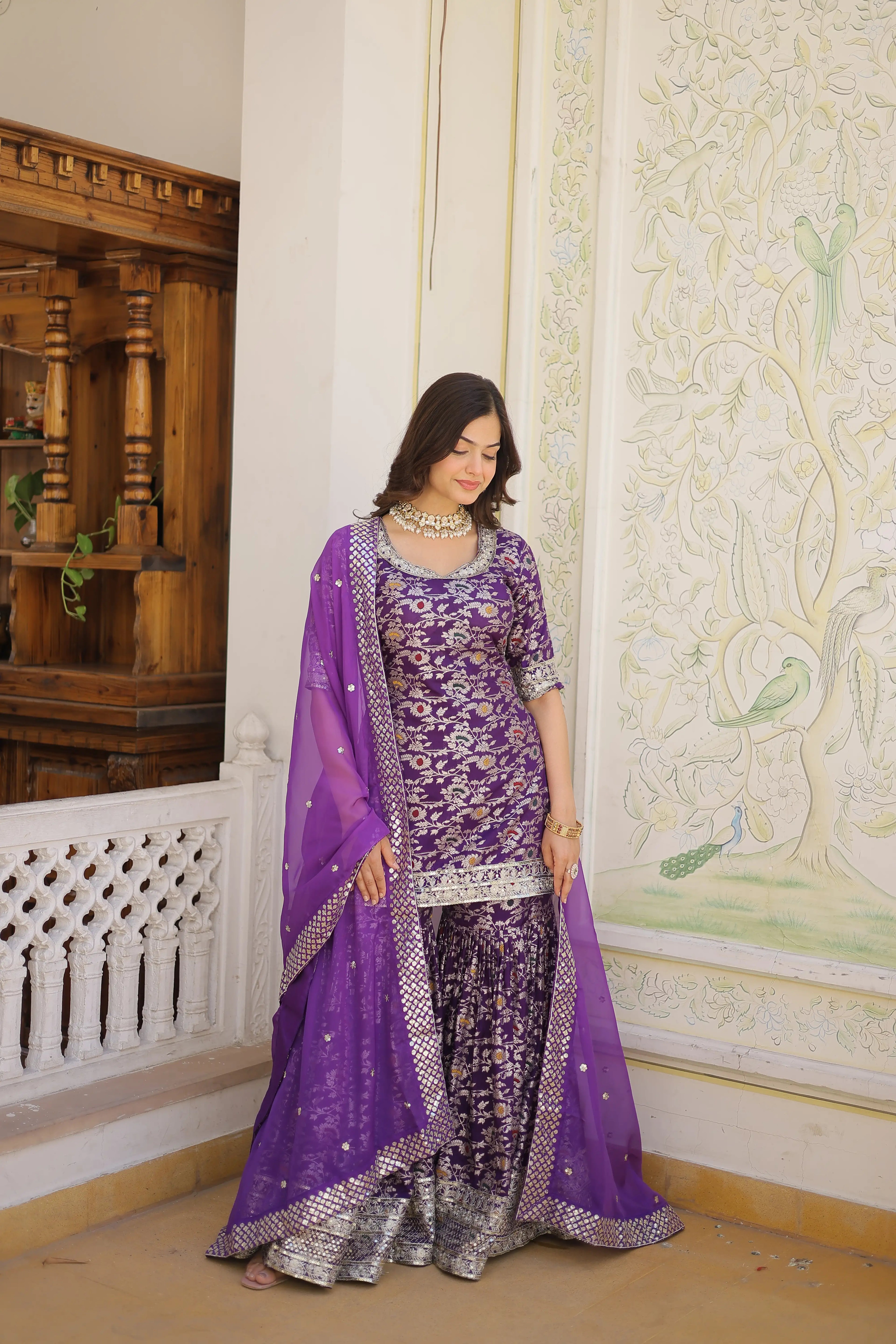 Purple Faux Blooming Sequins Embroidered Sharara Set with Matching Dupatta – Festive & Party Wear