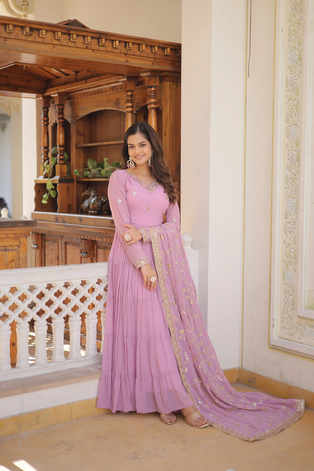 Purple Faux Georgette Designer Gown with Sequined Dupatta – Fully Flared Elegant Ready-to-Wear Set