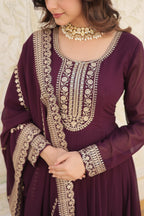 Wine Faux Blooming Sequins Embroidered Gown with Matching Dupatta – Festive & Party Wear