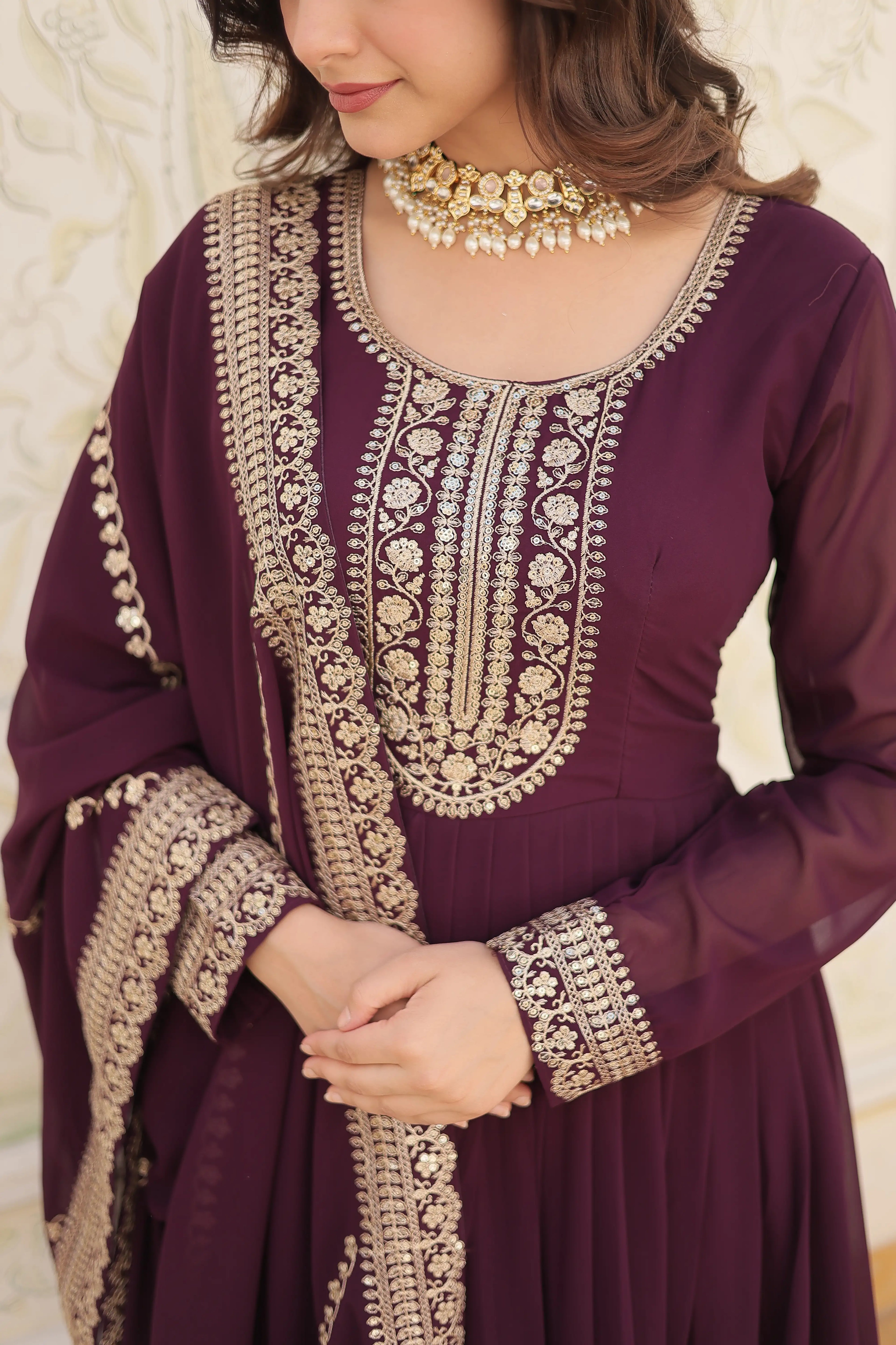 Wine Faux Blooming Sequins Embroidered Gown with Matching Dupatta – Festive & Party Wear